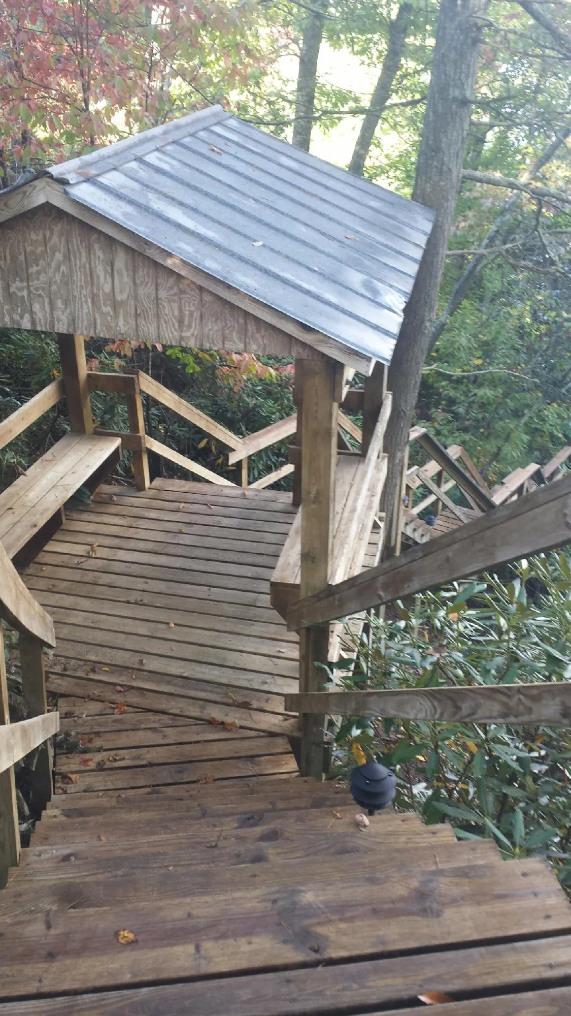 Metal roofed shelter over wooden steps on a wooded walkway — Skylight Repair & Installation work by our crew in Wood River